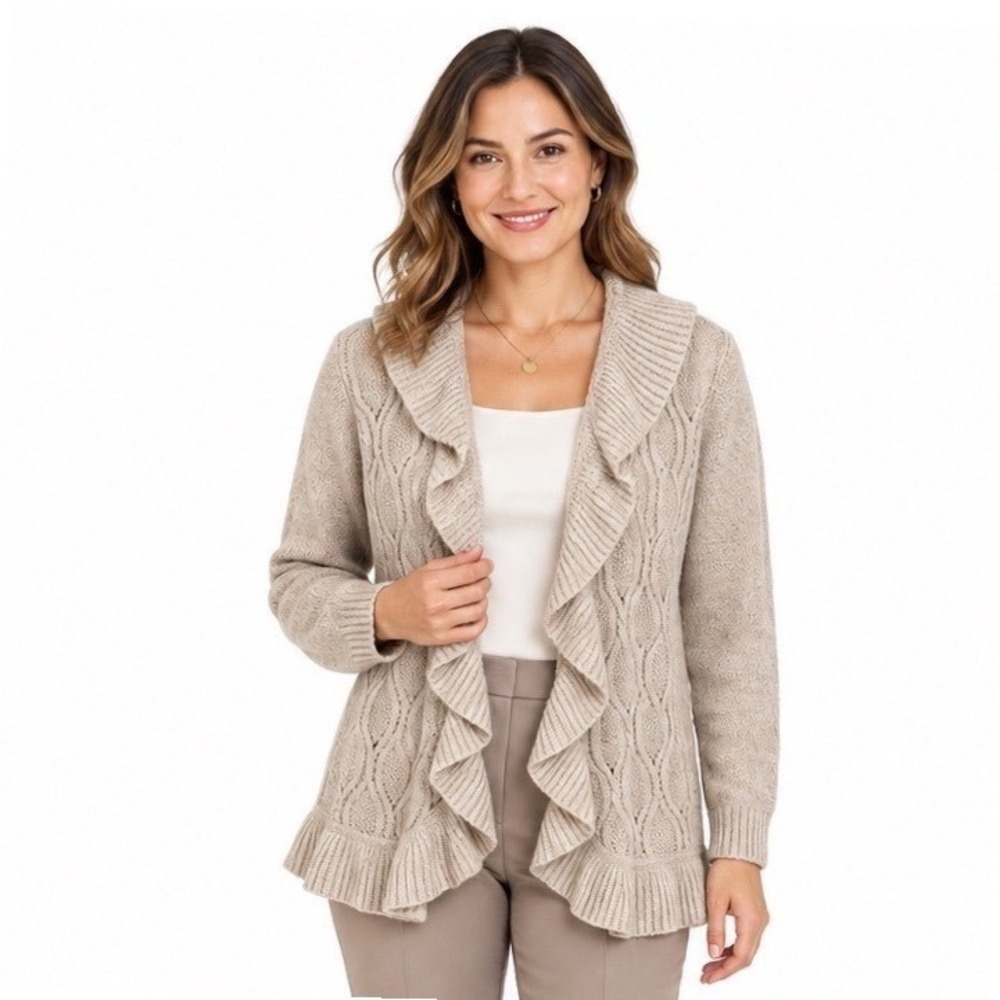 Carolyn Taylor Womens Large Beige Cable Knit Ruffle Shawl Collar Cardigan